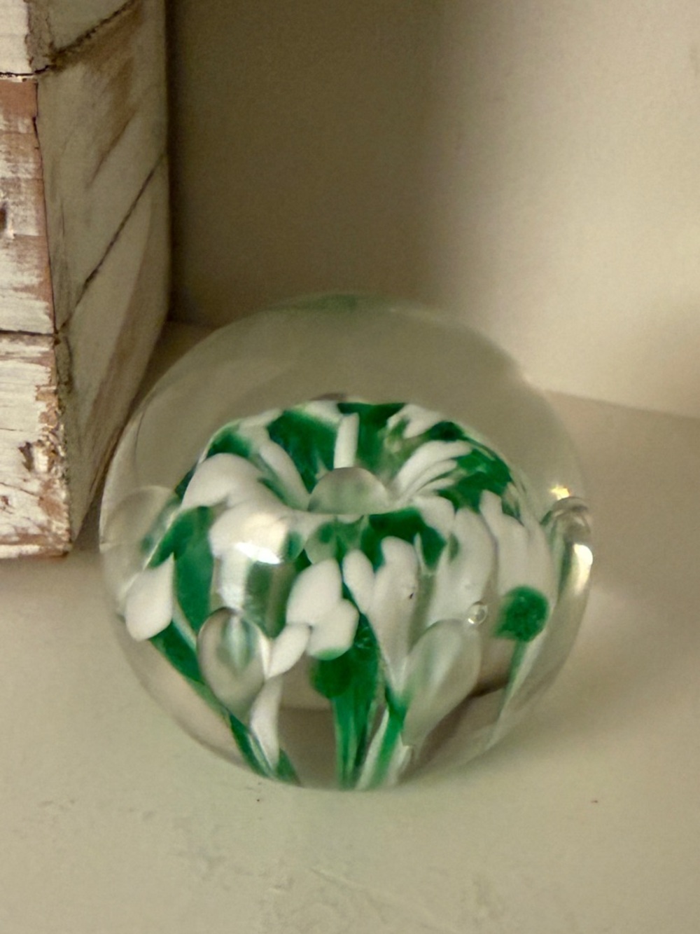 Handblown Glass Floral Paperweight Green & White with 5 Controlled Bubbles